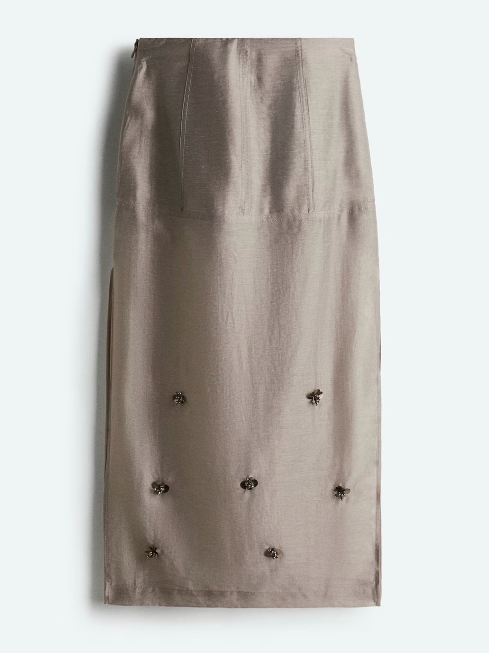 H&M Sheer Embellished Skirt With Side Slits Light Gray Size 14 NWT